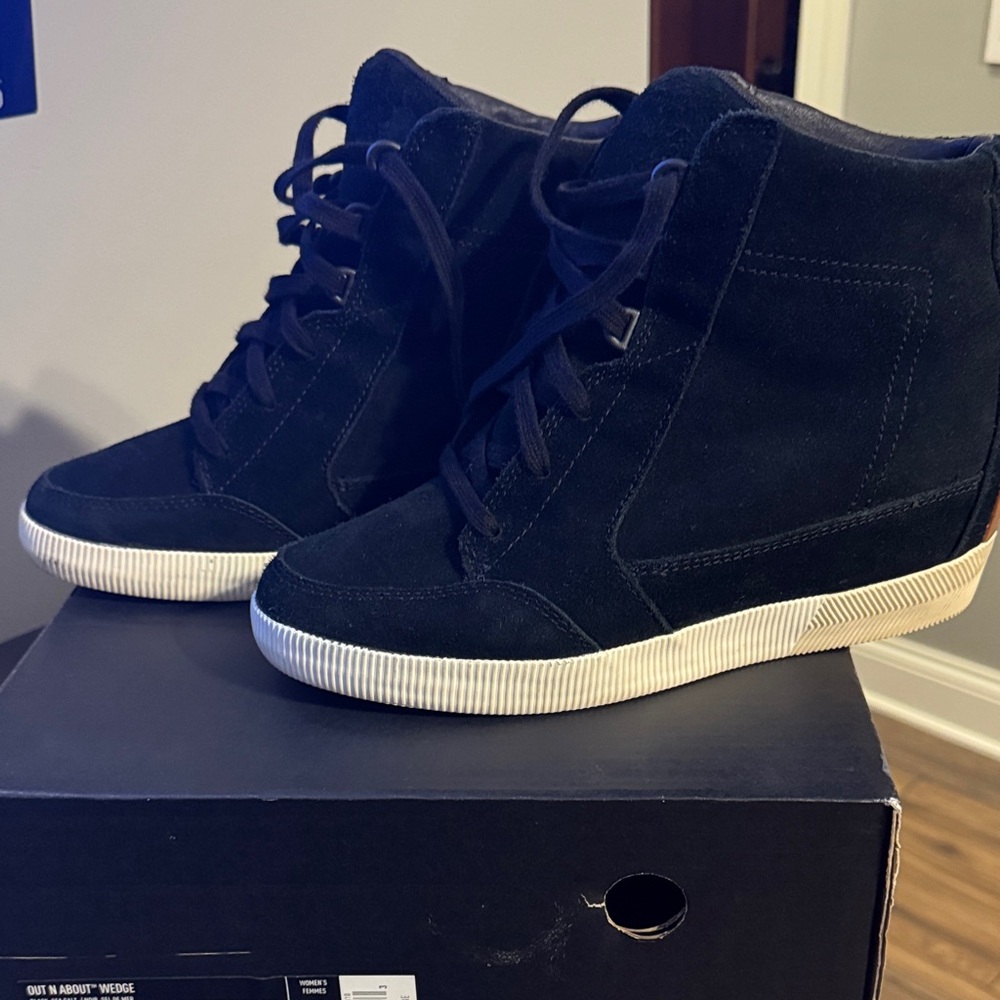 Sorel Black and Sea Salt Wedge Boots